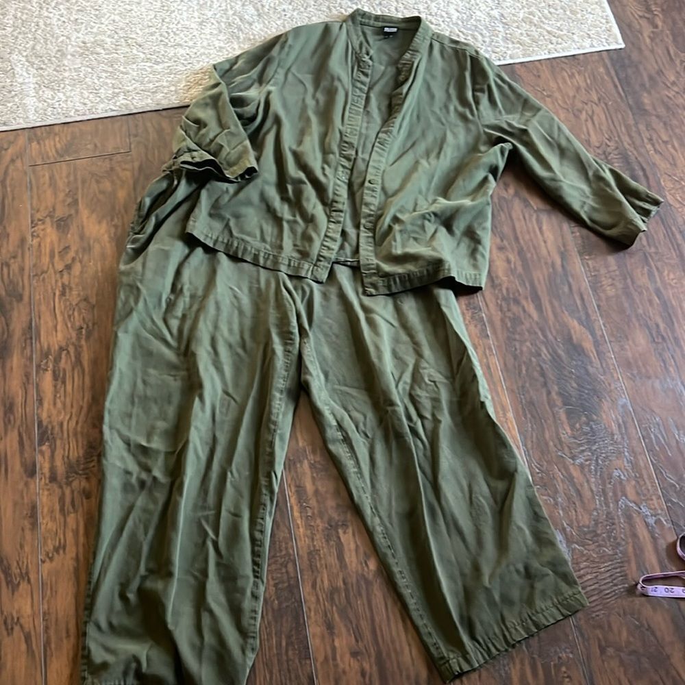 Eileen Fisher Olive Wide Leg Pants & Jacket Set